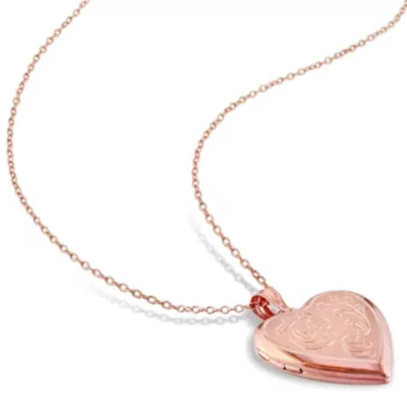 Engraved Filigree Heart Locket Pendant with Chain in Rose Plated Sterling Silver