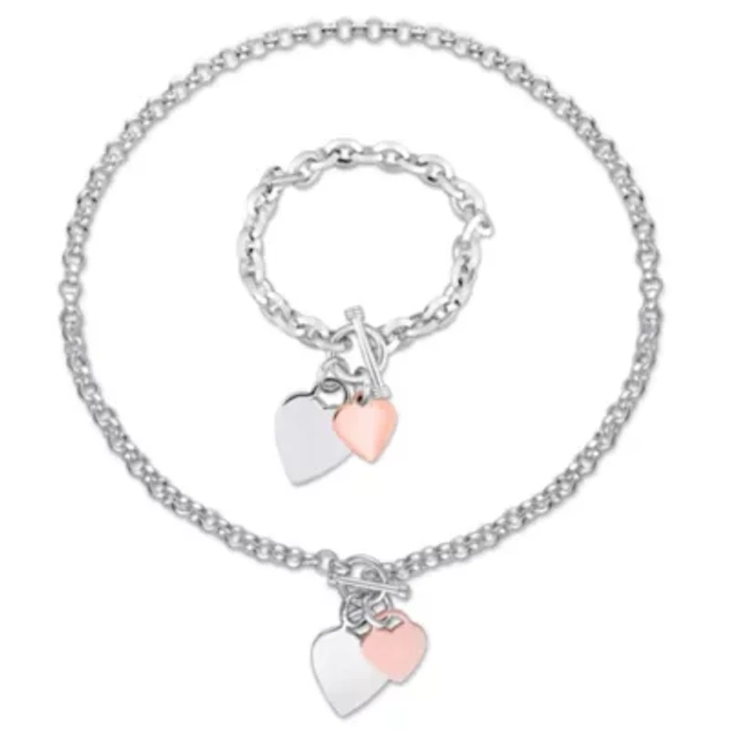 2 Piece Set of Heart Charm Bracelet and Necklace in Two-Tone Rose and White Sterling Silver
