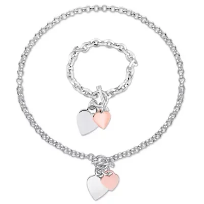 2 Piece Set of Heart Charm Bracelet and Necklace in Two-Tone Rose and White Sterling Silver