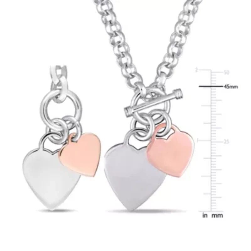 2 Piece Set of Heart Charm Bracelet and Necklace in Two-Tone Rose and White Sterling Silver