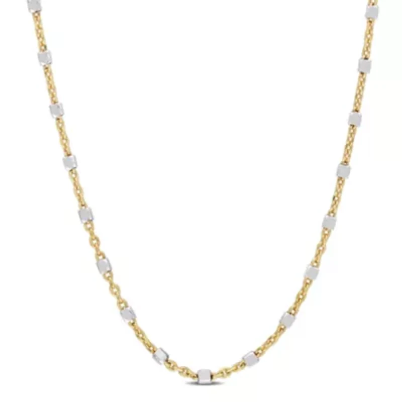 Two-Tone White Bead Chain Necklace in 18k Yellow Gold Plated Sterling Silver, 20"