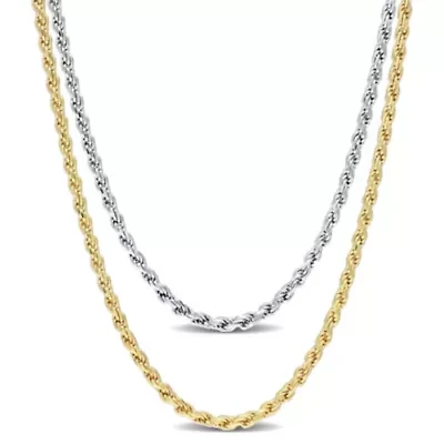 2.2MM Rope Chain Necklace Set 18"ch 18k Yellow Gold Plated and 16"ch White Sterling Silver