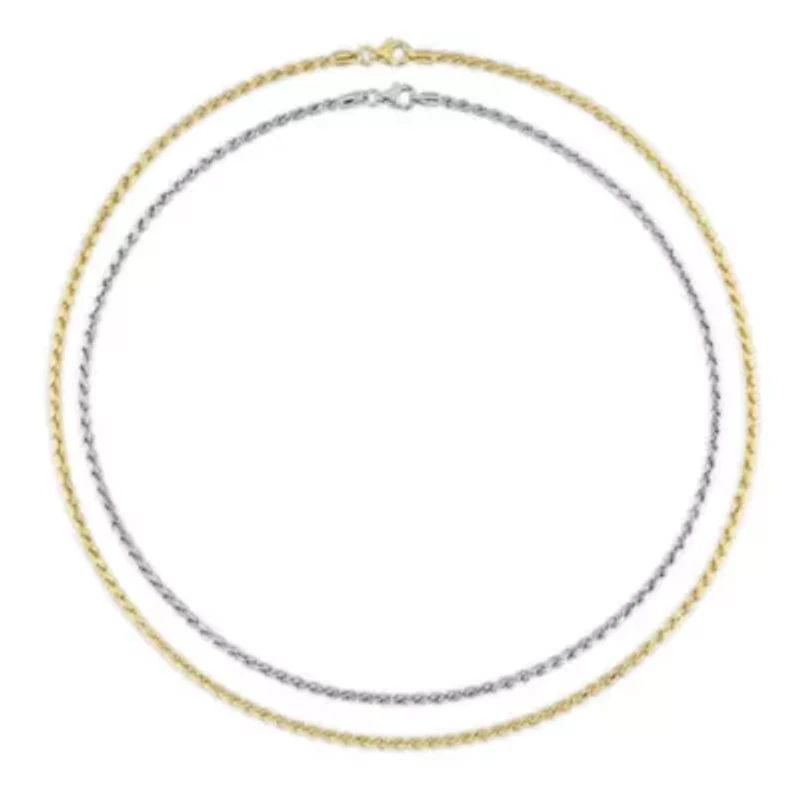 2.2MM Rope Chain Necklace Set 18"ch 18k Yellow Gold Plated and 16"ch White Sterling Silver