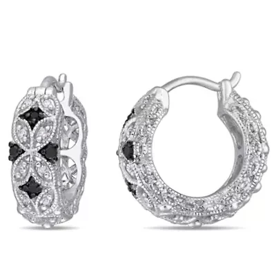 1/6 CT TW Black and White Diamond Vintage Hoop Earrings in Sterling Silver