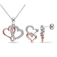 2-Piece Set 1/5 CT TW Diamond Linked Heart Stud Earrings and Necklace in 2-Tone Sterling Silver