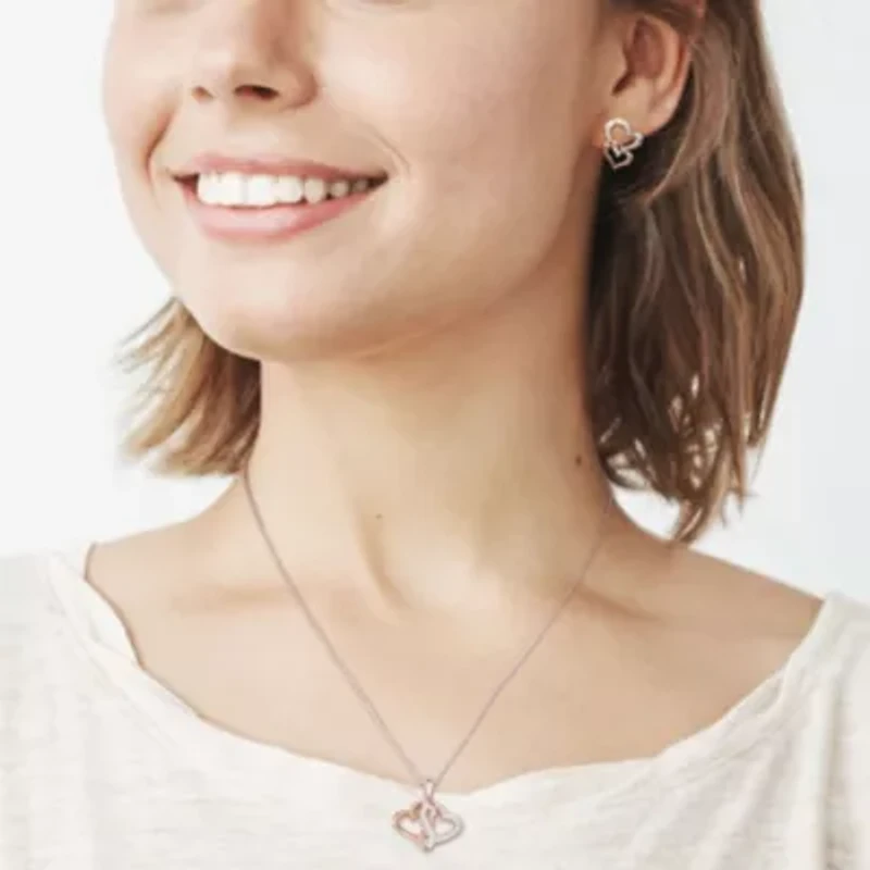 2-Piece Set 1/5 CT TW Diamond Linked Heart Stud Earrings and Necklace in 2-Tone Sterling Silver