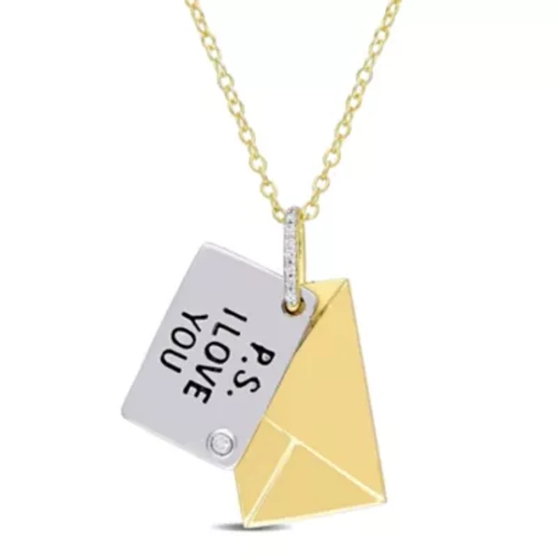 Diamond Accent Letter Envelope "I Love You" Charm Necklace in Yellow Plated Sterling Silver