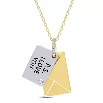 Diamond Accent Letter Envelope "I Love You" Charm Necklace in Yellow Plated Sterling Silver