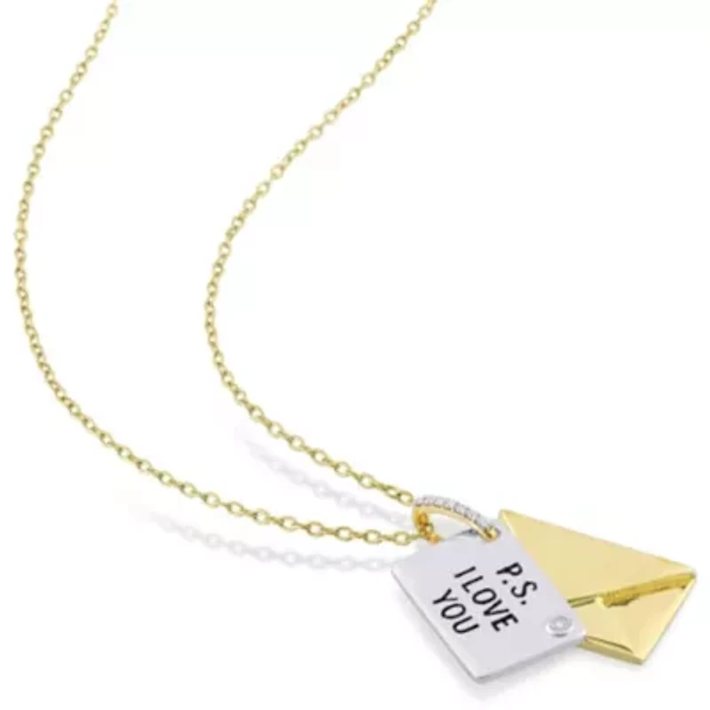 Diamond Accent Letter Envelope "I Love You" Charm Necklace in Yellow Plated Sterling Silver