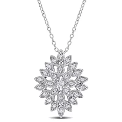 1/4 CT TW Diamond Cluster Floral Pendant with Chain in Sterling Silver