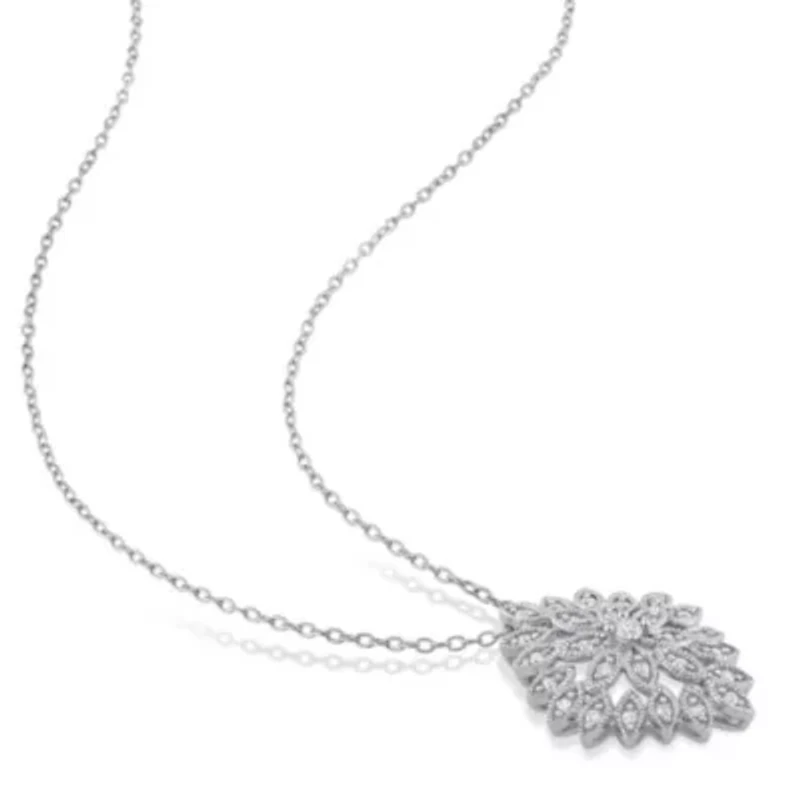 1/4 CT TW Diamond Cluster Floral Pendant with Chain in Sterling Silver