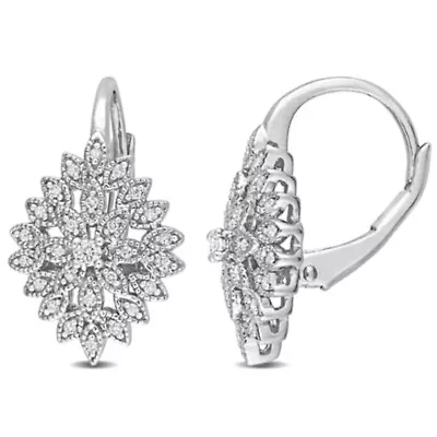 1/5 CT TW Diamond Cluster Floral Leverback Earrings in Sterling Silver