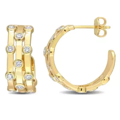 7/8 CT TGW Lab Created Diamond Triple Row Vintage Hoop Earrings in 18k Gold Plated Silver
