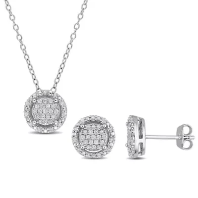 2-Piece Set 1/2 CT TW Diamond Halo Cluster Necklace and Earrings in Sterling Silver