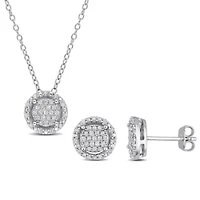 2-Piece Set 1/2 CT TW Diamond Halo Cluster Necklace and Earrings in Sterling Silver