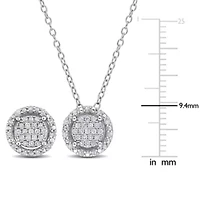2-Piece Set 1/2 CT TW Diamond Halo Cluster Necklace and Earrings in Sterling Silver