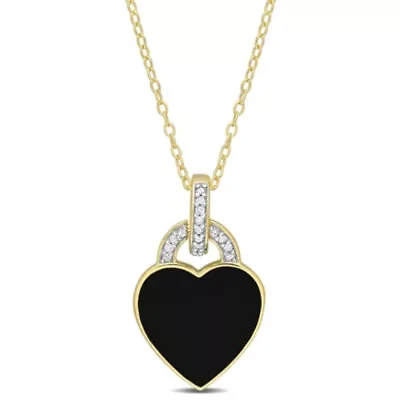 1/10 CT TW Diamond Black Enamel Heart Necklace in Yellow Plated Sterling Silver