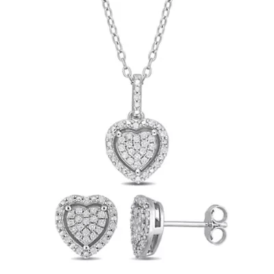 2-Piece Set 2/5 CT TW Diamond Heart Cluster Earrings and Necklace in Sterling Silver