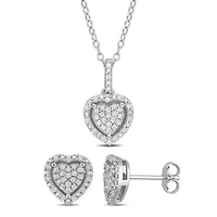 2-Piece Set 2/5 CT TW Diamond Heart Cluster Earrings and Necklace in Sterling Silver