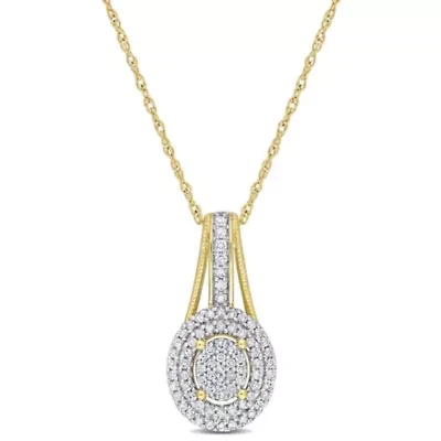 1/4 ct. t.w. Diamond Double Halo Oval Cluster Pendant with Chain in 10K Yellow Gold