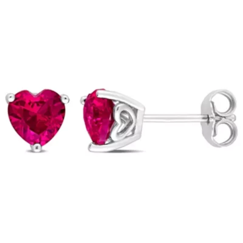 Lab Created 2 CT TGW Heart Shape Created Ruby Earrings in Sterling Silver