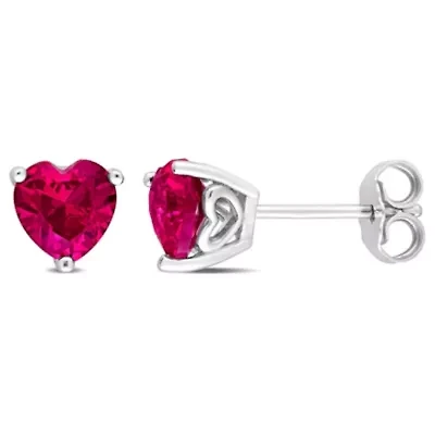 Lab Created 2 CT TGW Heart Shape Created Ruby Earrings in Sterling Silver
