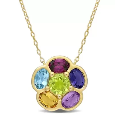 3.39 ct. t.g.w. Multi Gemstones Floral Pendant With Chain in Yellow Plated Sterling Silver