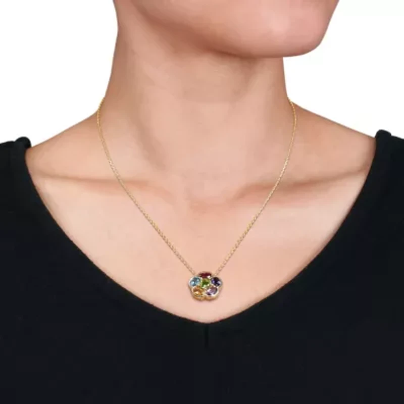 3.39 ct. t.g.w. Multi Gemstones Floral Pendant With Chain in Yellow Plated Sterling Silver