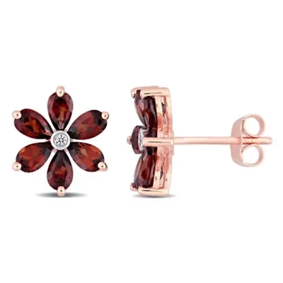 3.25 CT TGW Garnet and Diamond Accent Floral Stud Earrings in 10k Rose Gold