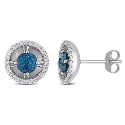 1.12 CT TGW London Blue Topaz and 1/4 CT TW Diamond Margarita Setting Stud Earrings in 10k White Gold