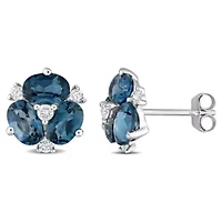 3 CT TGW London Blue Topaz and 1/4 CT TW Diamond Floral Earrings in 14k White Gold