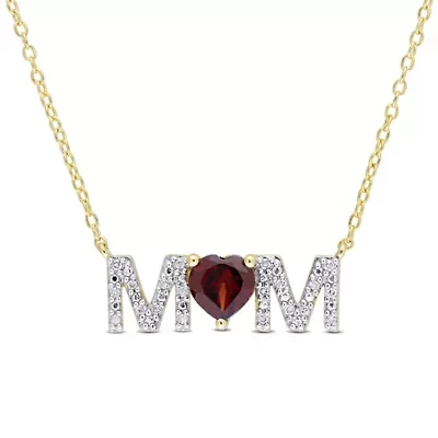 4/5 ct. t.g.w. Garnet and 1/10 ct. t.w. Diamond "MOM" Pendant with Chain in Yellow Plated Sterling Silver