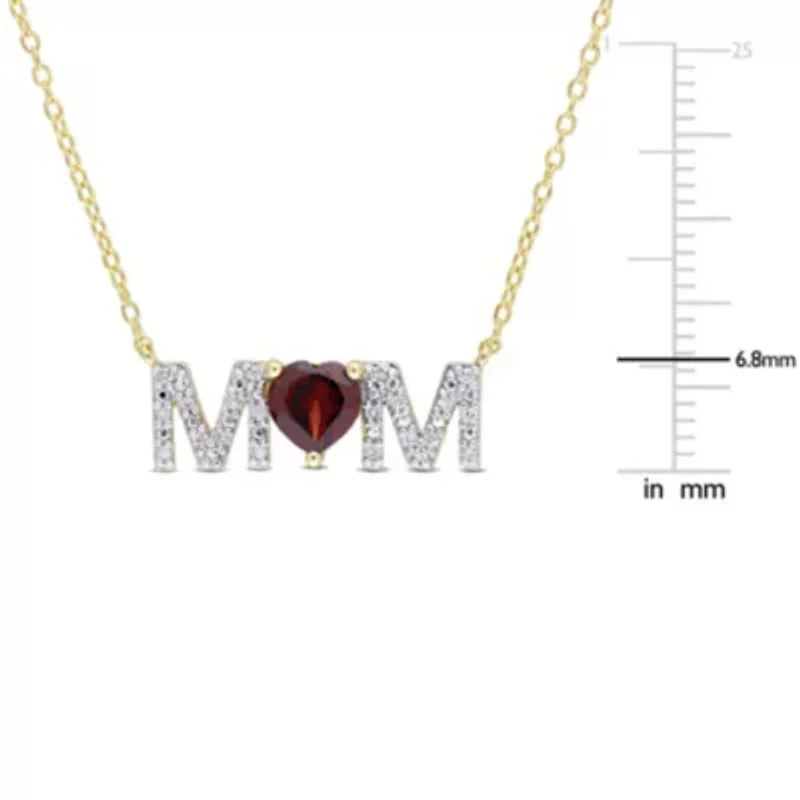 4/5 ct. t.g.w. Garnet and 1/10 ct. t.w. Diamond "MOM" Pendant with Chain in Yellow Plated Sterling Silver