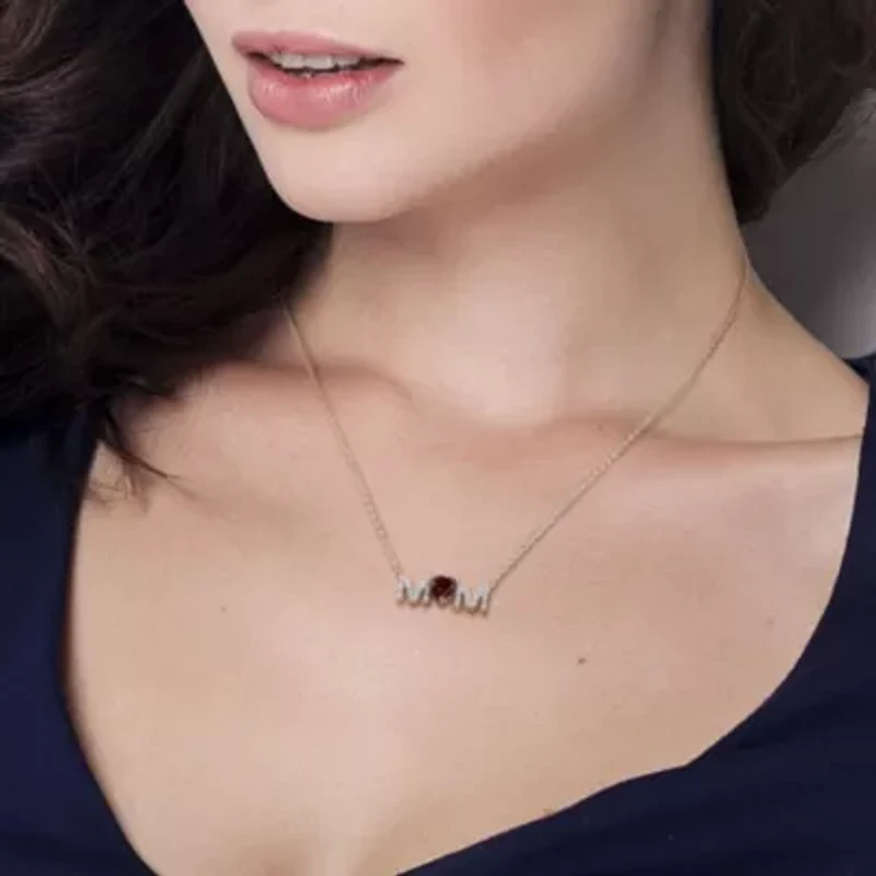 4/5 ct. t.g.w. Garnet and 1/10 ct. t.w. Diamond "MOM" Pendant with Chain in Yellow Plated Sterling Silver