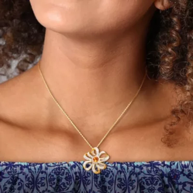 2 ct. t.g.w. Madeira Citrine and White Topaz Flower Pendant with Chain in 18K Yellow Gold Plated Sterling Silver