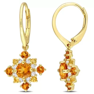 2.1 CT TGW Citrine, Madeira Citrine and White Topaz Leverback Cluster Drop Earrings in 18k Yellow Gold Plated Sterling Silver