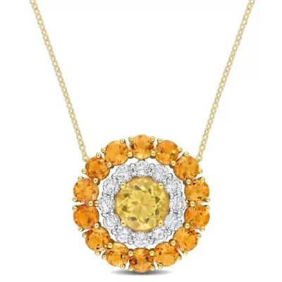 11.44 ct. t.g.w. Citrine, Madeira Citrine and White Topaz Double Halo Circle Pendant with Chain in 18K Yellow Gold Plated Sterling Silver