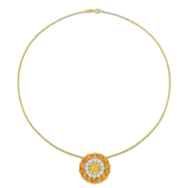 11.44 ct. t.g.w. Citrine, Madeira Citrine and White Topaz Double Halo Circle Pendant with Chain in 18K Yellow Gold Plated Sterling Silver