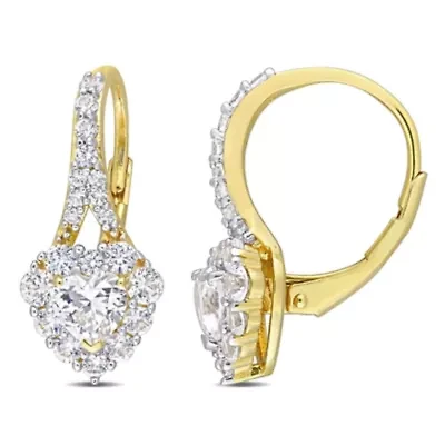 Lab Created 2.4 CT TGW Created White Sapphire Halo Heart Leverback Earrings in Yellow Plated Sterling Silver