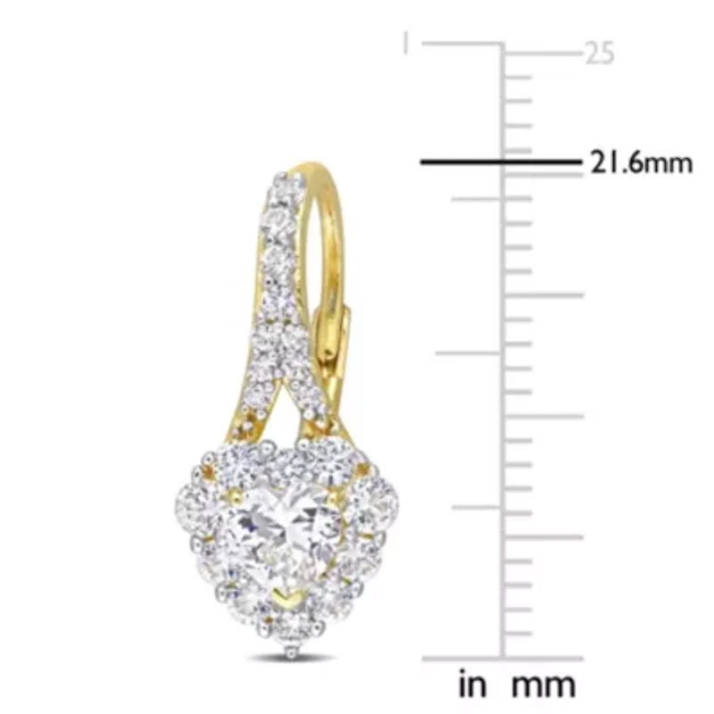 Lab Created 2.4 CT TGW Created White Sapphire Halo Heart Leverback Earrings in Yellow Plated Sterling Silver