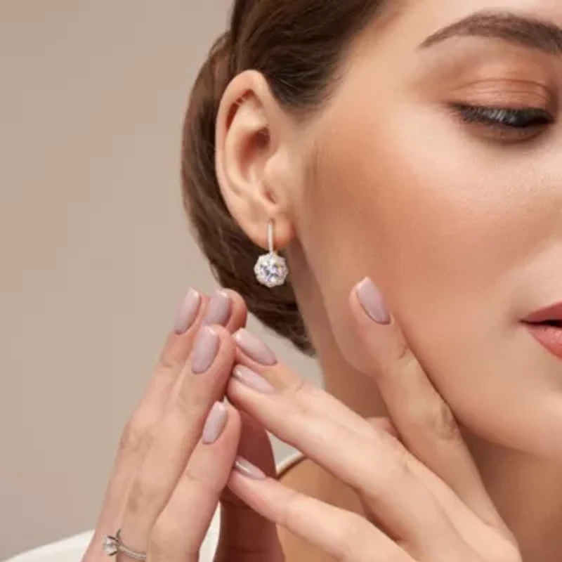 Lab Created 4 CT TGW Created White Sapphire Halo Leverback Earrings in Yellow Plated Sterling Silver