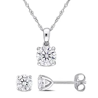 Lab Created 2-piece Set of 2 CT DEW Created Moissanite Solitaire Pendant with Chain and Stud Earrings in 10k White Gold