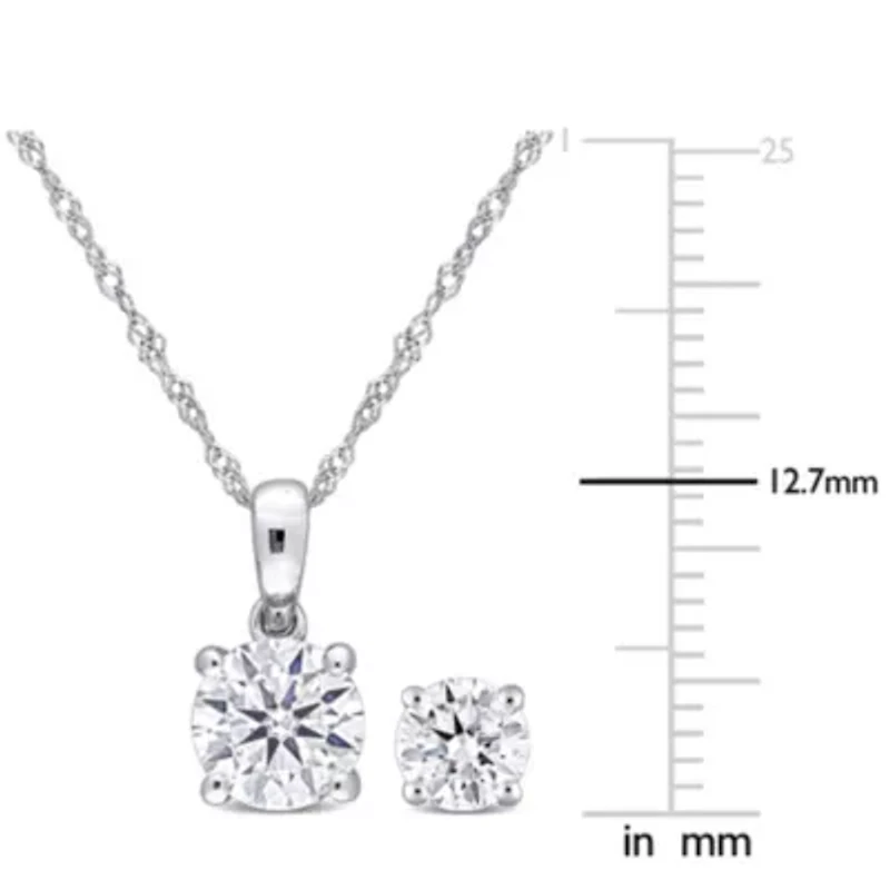 Lab Created 2-piece Set of 2 CT DEW Created Moissanite Solitaire Pendant with Chain and Stud Earrings in 10k White Gold