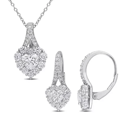 Lab Created 4 CT DEW Created Moissanite Heart Halo Leverback Earrings and Pendant with Chain 2-piece Set in Sterling Silver