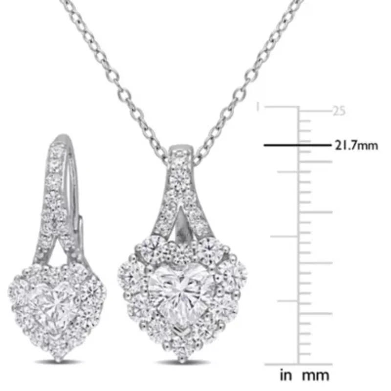 Lab Created 4 CT DEW Created Moissanite Heart Halo Leverback Earrings and Pendant with Chain 2-piece Set in Sterling Silver