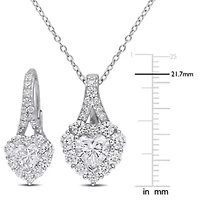 Lab Created 4 CT DEW Created Moissanite Heart Halo Leverback Earrings and Pendant with Chain 2-piece Set in Sterling Silver