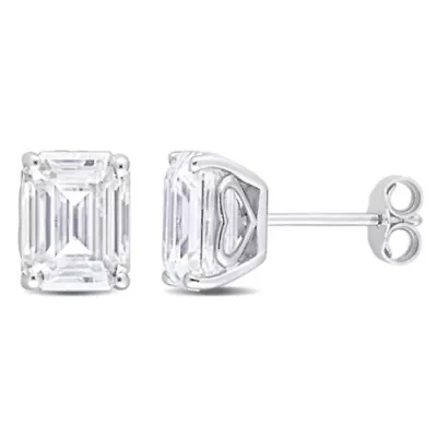 Lab Created 4.8 CT TGW Emerald Cut Created Moissanite Stud Earrings with Heart Detail in Sterling Silver