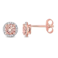 Morganite and Diamond Accent Halo Stud Earrings in Rose Plated Sterling Silver