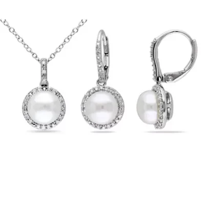 2-Piece Set of 8-8.5MM Freshwater Cultured Pearl and 1/3 ct. t.w. Diamond Earrings and Pendant with Chain in Sterling Silver