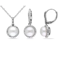 2-Piece Set of 8-8.5MM Freshwater Cultured Pearl and 1/3 ct. t.w. Diamond Earrings and Pendant with Chain in Sterling Silver